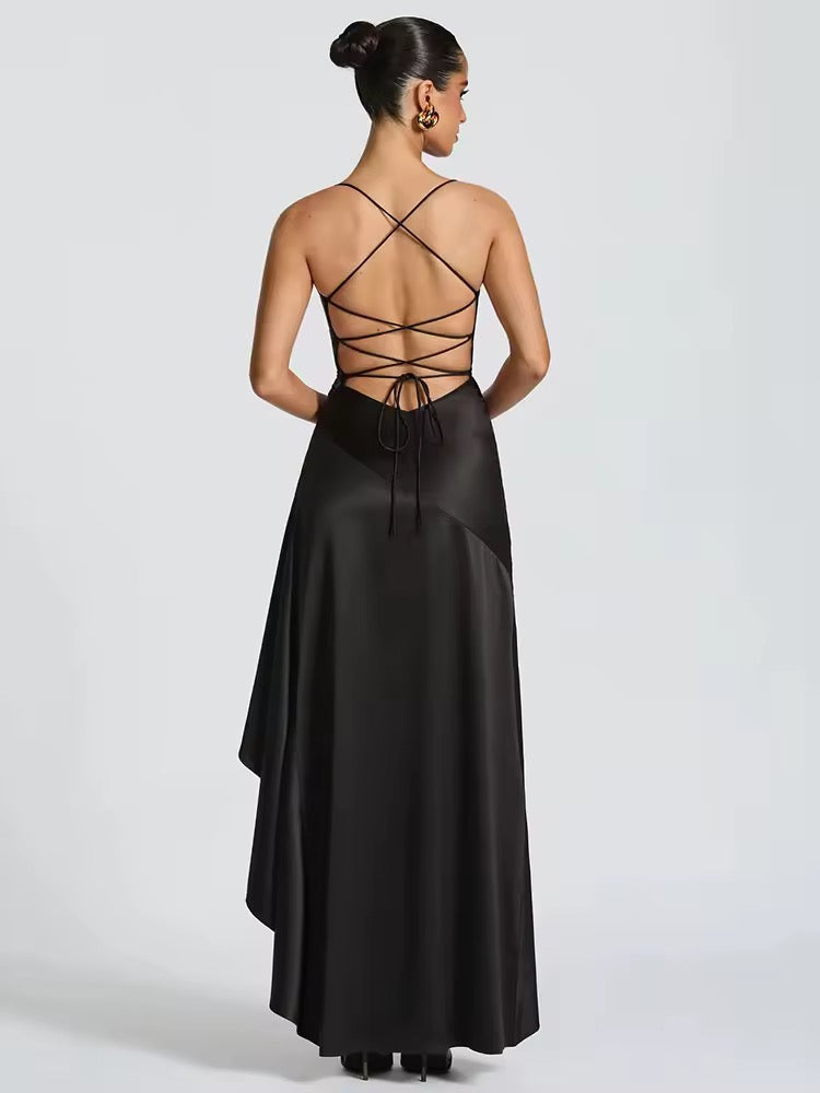 Satin ruffled maxi dress with back ties - Fabiola