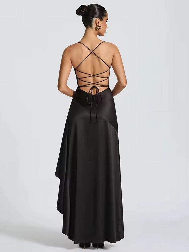Satin ruffled maxi dress with back ties - Fabiola