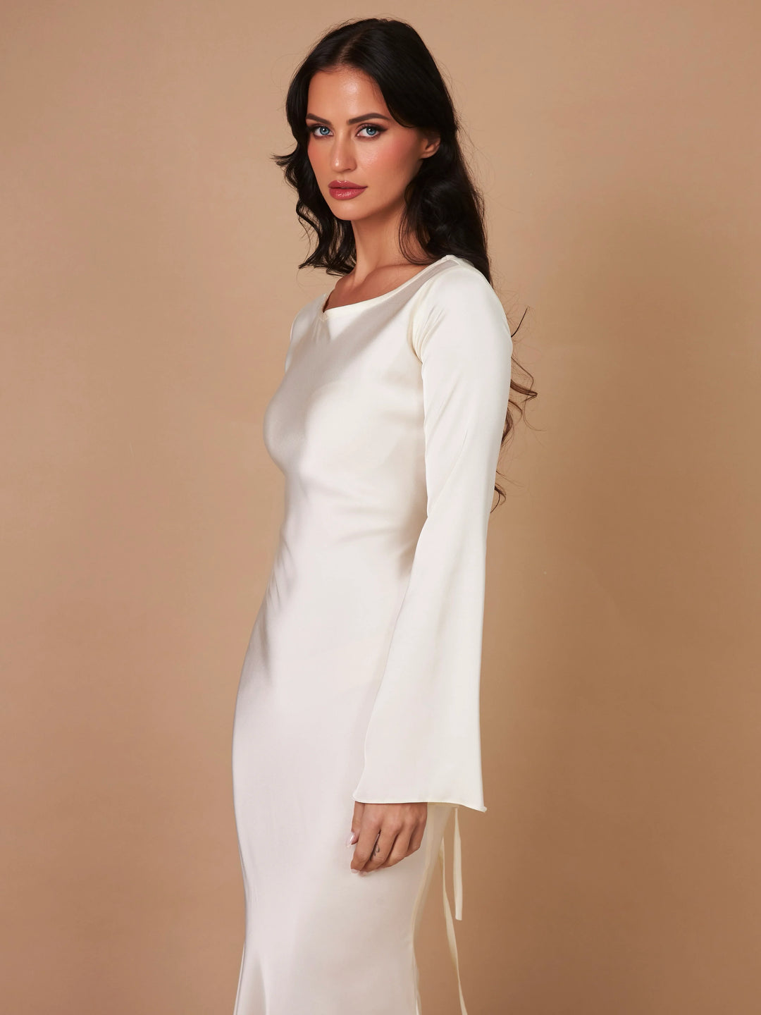 Satin maxi dress with back tie for waist fitting - Odel