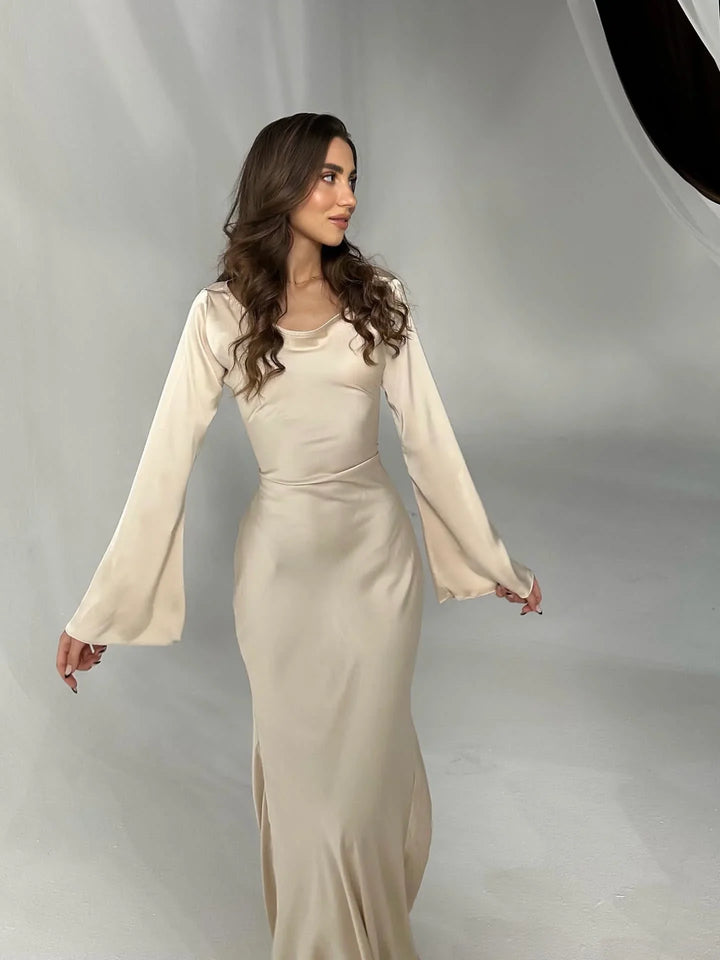 Satin maxi dress with back tie for waist fitting - Odel