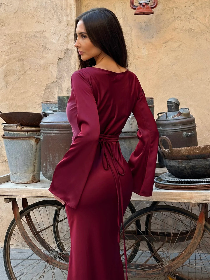 Satin maxi dress with back tie for waist fitting - Odel