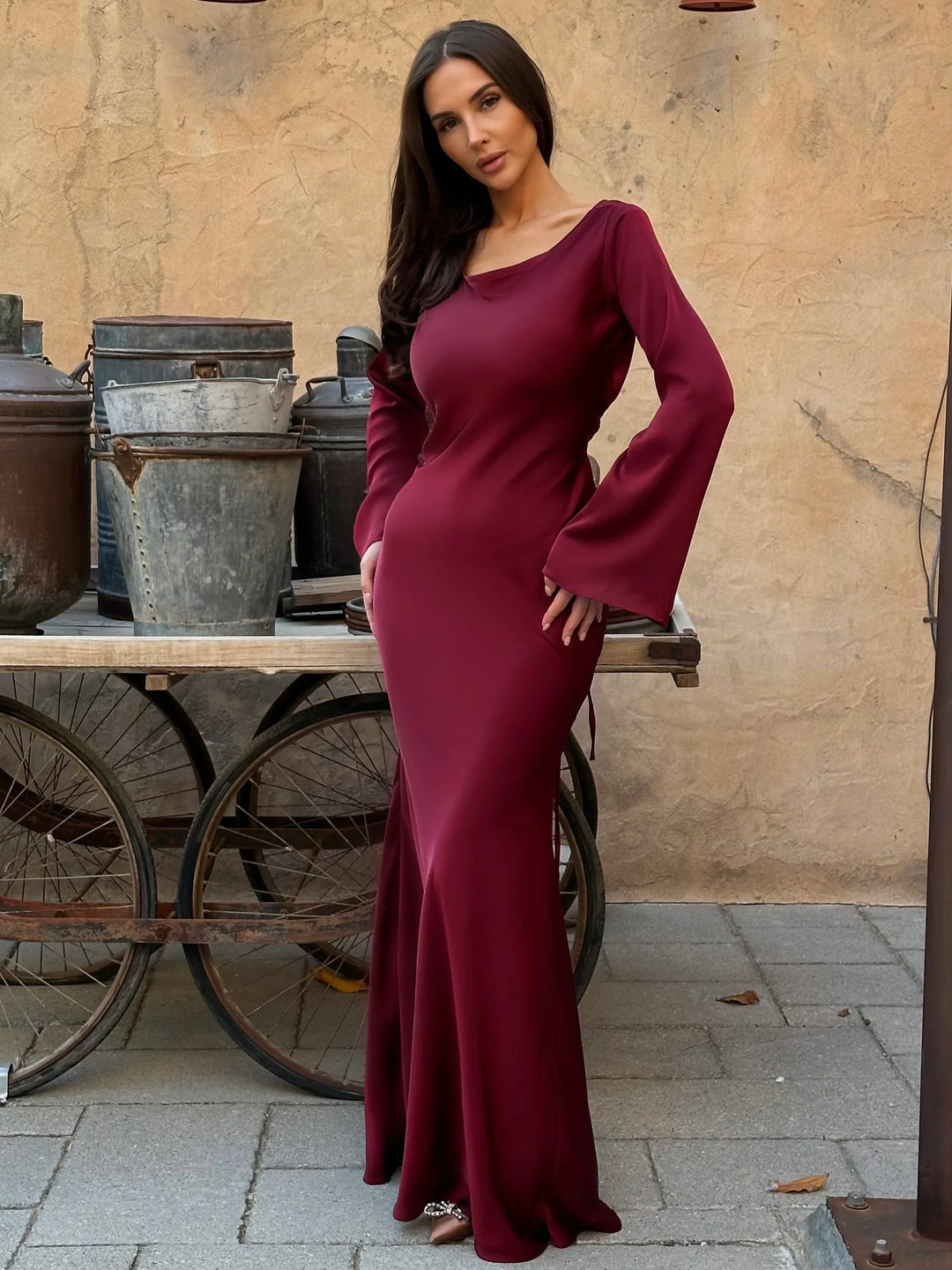 Satin maxi dress with back tie for waist fitting - Odel