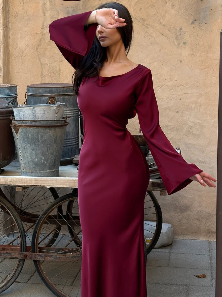 Satin maxi dress with back tie for waist fitting - Odel