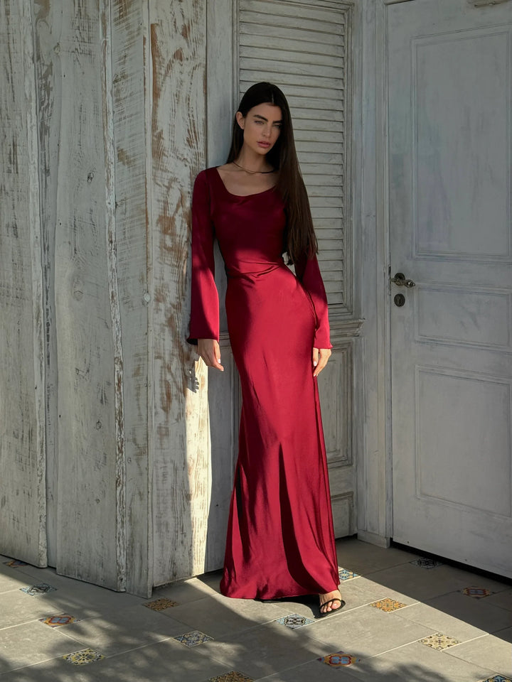 Satin maxi dress with back tie for waist fitting - Odel
