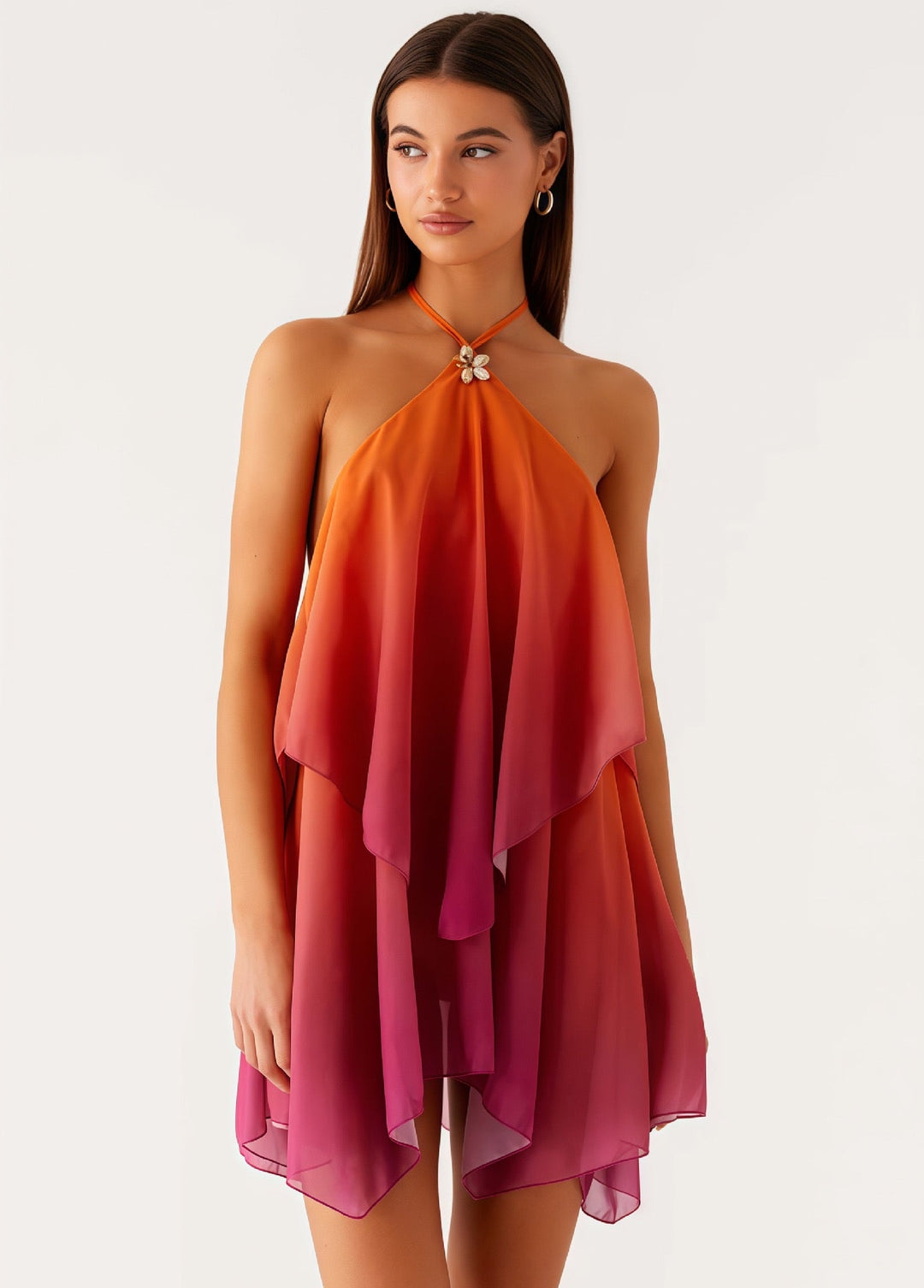 Ombré chiffon ruffle mini dress with a scalloped flower detail – Penina