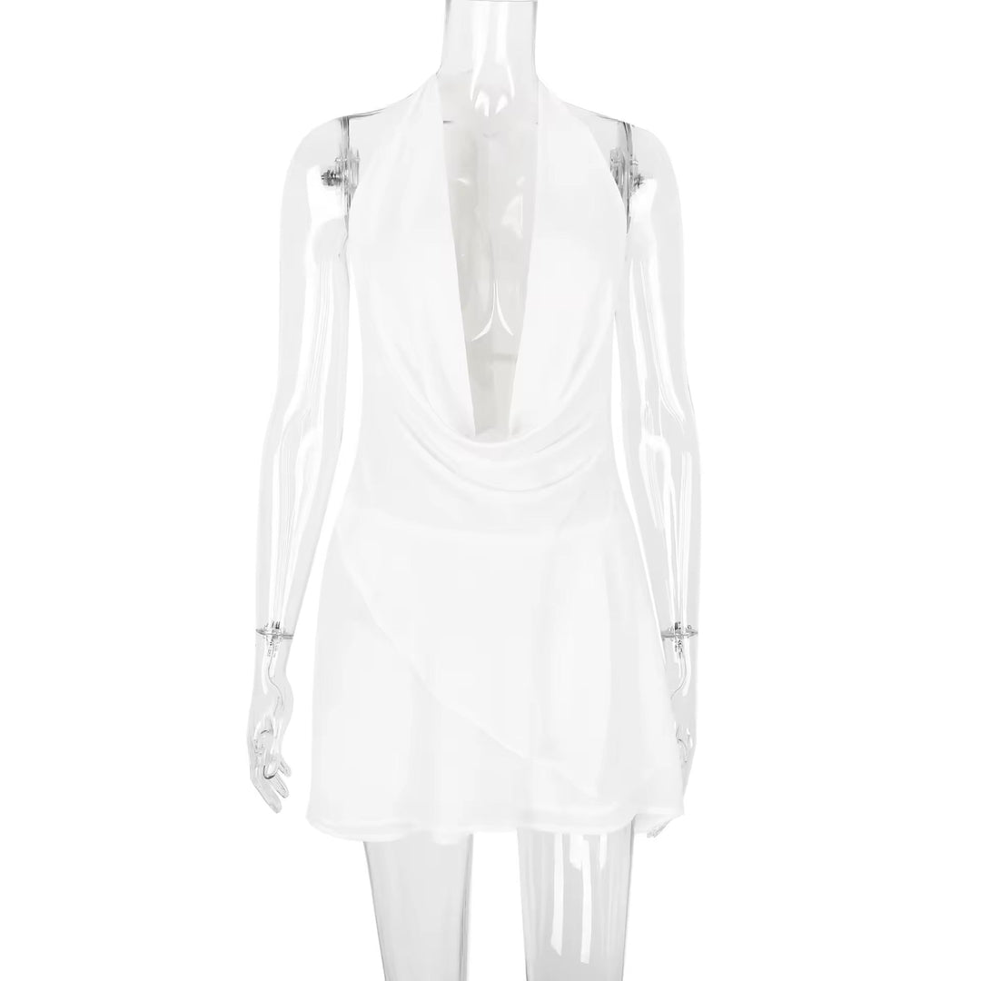 Ruffled Chiffon Mini Dress with Draped Collar and Open Back - Juliana