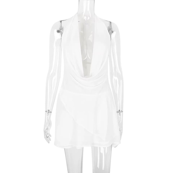 Ruffled Chiffon Mini Dress with Draped Collar and Open Back - Juliana