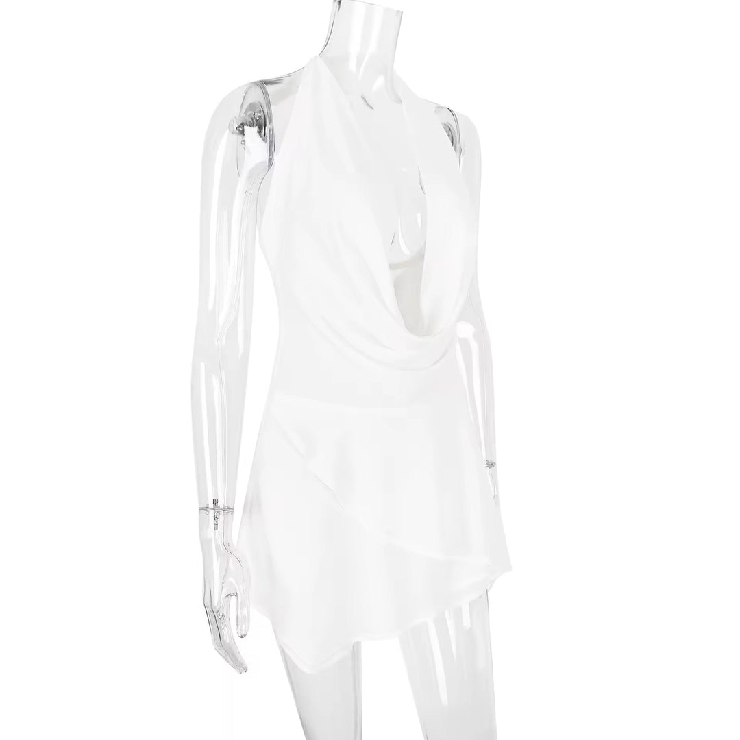 Ruffled Chiffon Mini Dress with Draped Collar and Open Back - Juliana