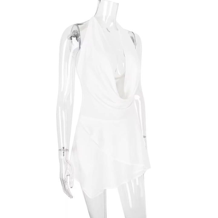 Ruffled Chiffon Mini Dress with Draped Collar and Open Back - Juliana