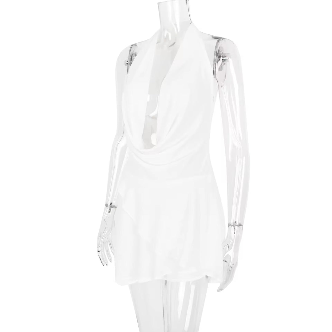 Ruffled Chiffon Mini Dress with Draped Collar and Open Back - Juliana