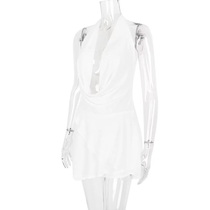 Ruffled Chiffon Mini Dress with Draped Collar and Open Back - Juliana