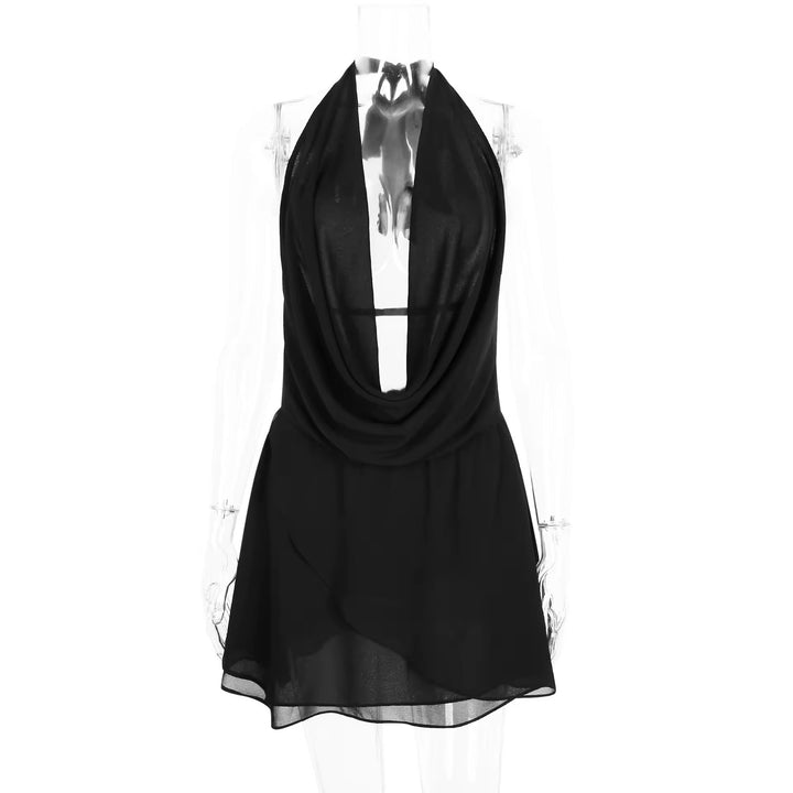 Ruffled Chiffon Mini Dress with Draped Collar and Open Back - Juliana