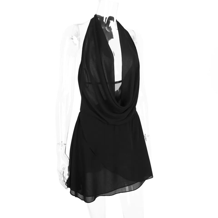 Ruffled Chiffon Mini Dress with Draped Collar and Open Back - Juliana