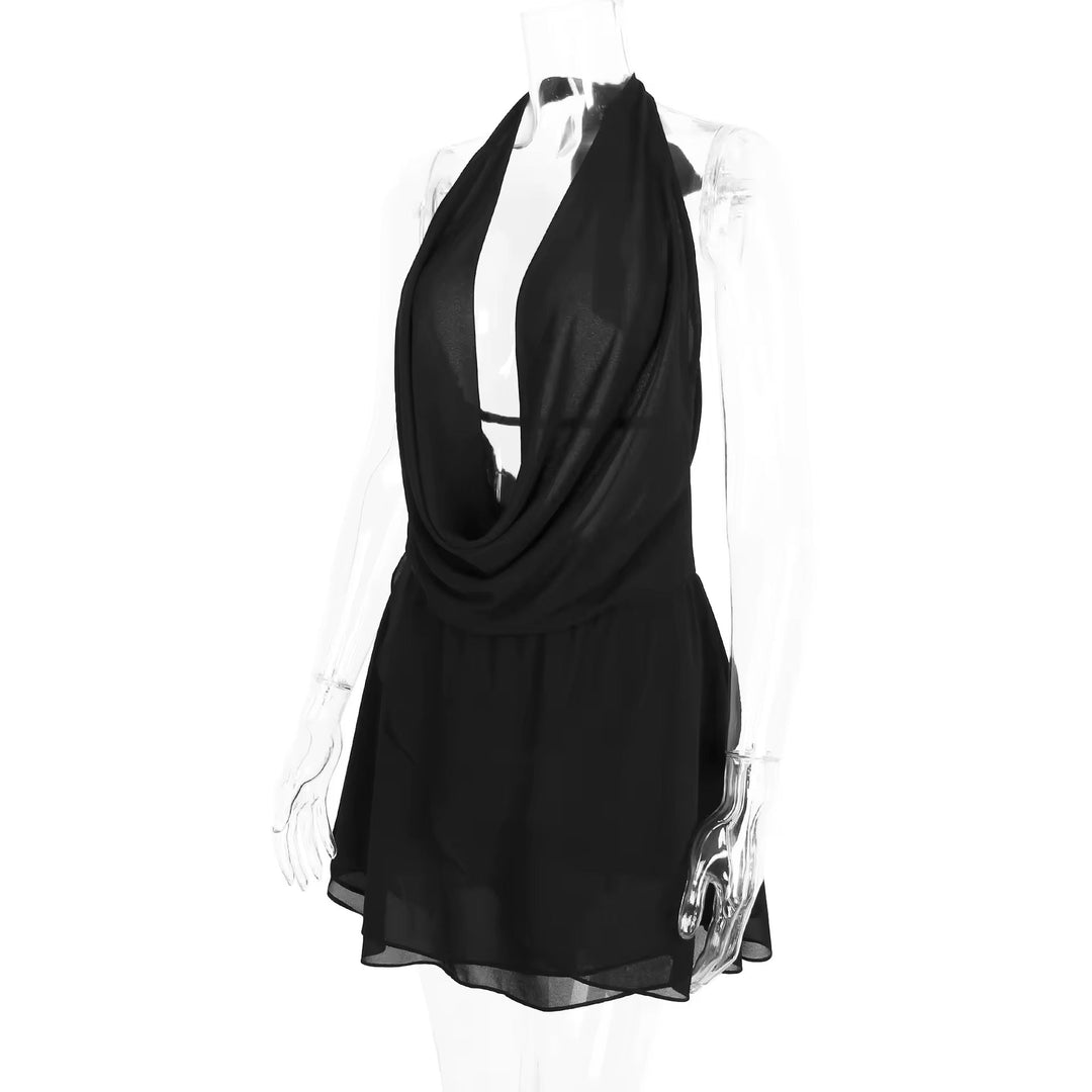 Ruffled Chiffon Mini Dress with Draped Collar and Open Back - Juliana