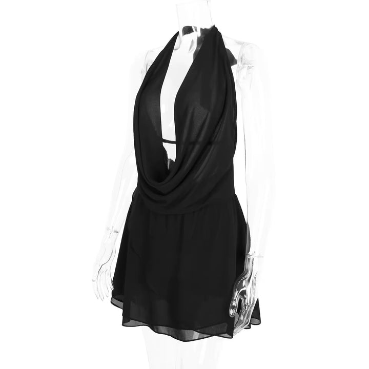 Ruffled Chiffon Mini Dress with Draped Collar and Open Back - Juliana