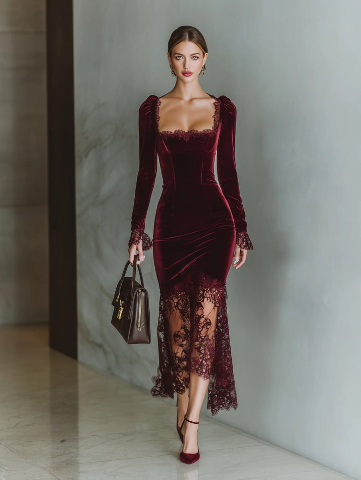 Midi Velvet Dress with Lace Decoration - Rosemary
