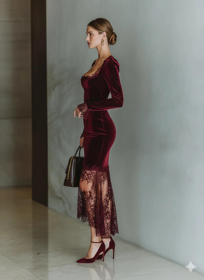 Midi Velvet Dress with Lace Decoration - Rosemary