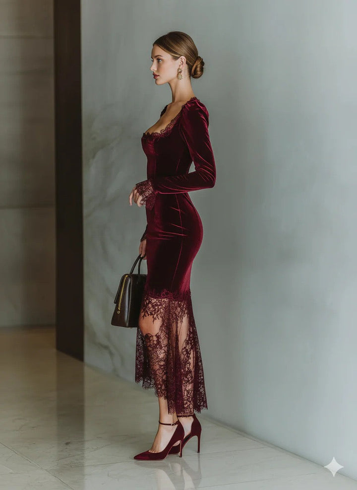 Midi Velvet Dress with Lace Decoration - Rosemary