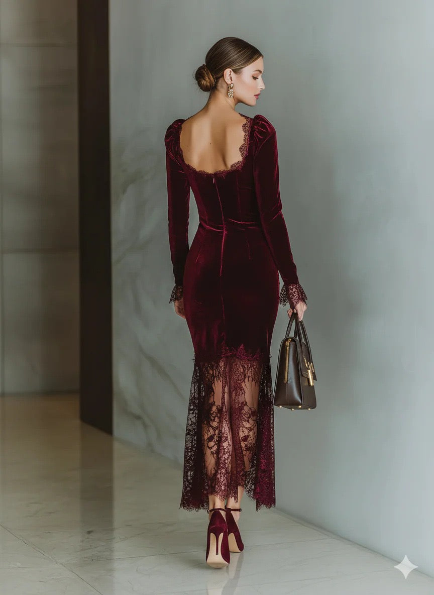 Midi Velvet Dress with Lace Decoration - Rosemary