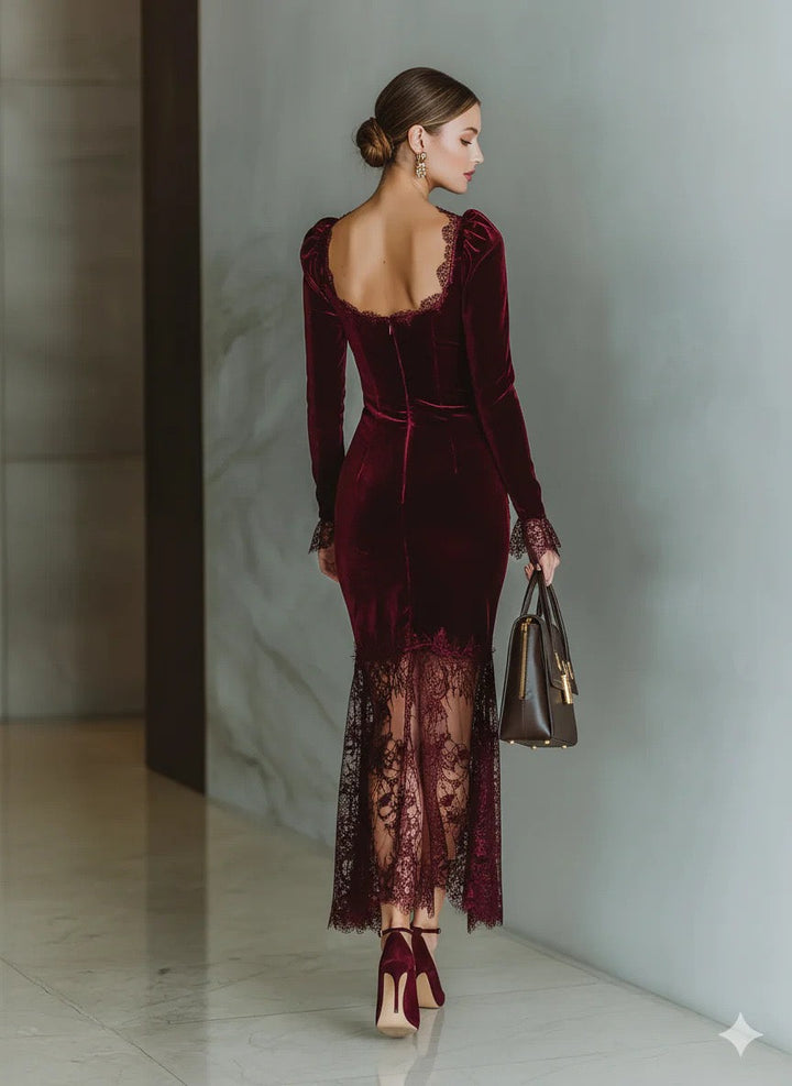 Midi Velvet Dress with Lace Decoration - Rosemary