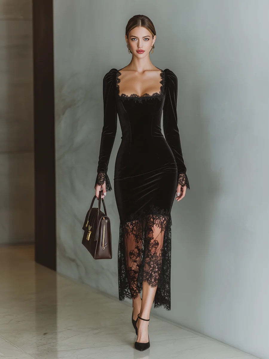 Midi Velvet Dress with Lace Decoration - Rosemary