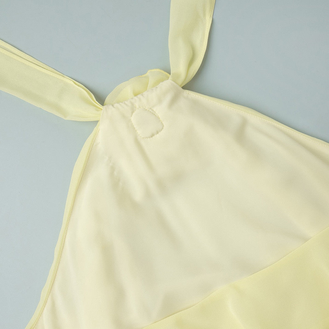 Lily tiered chiffon ruffle mini dress with a neck tie, open back, and floral trim