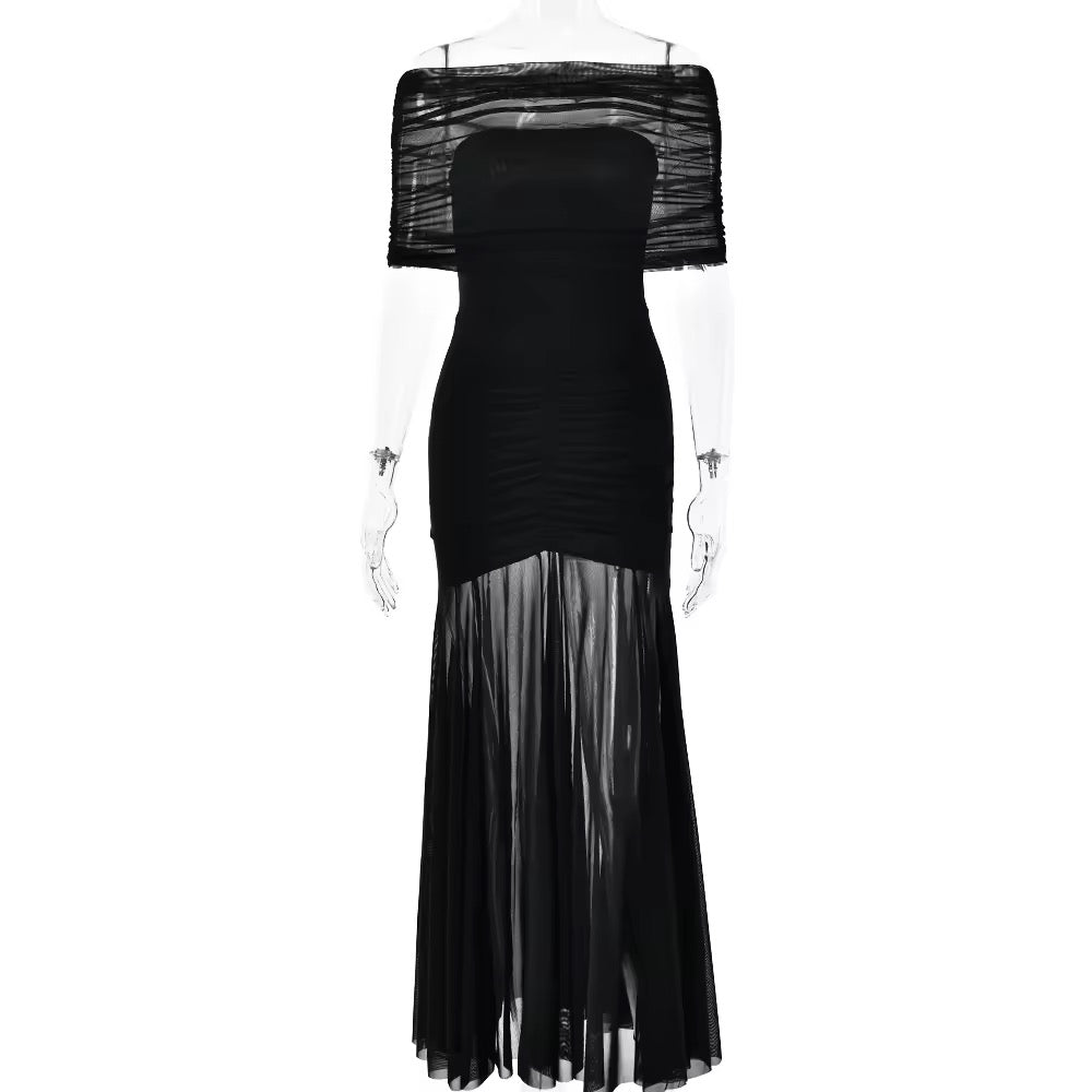 Chiffon Maxi Dress with Gathered Off-the-Shoulder Design - Delilah