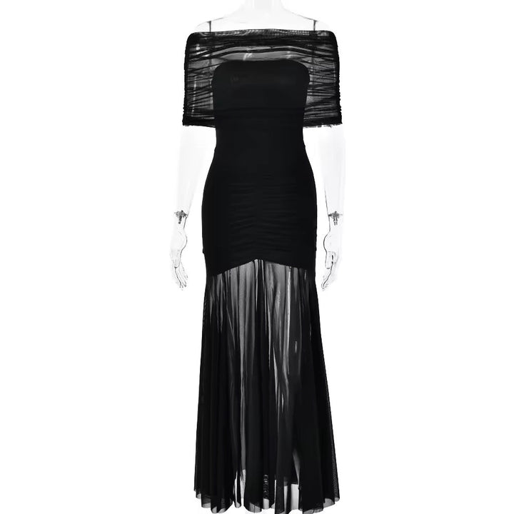 Chiffon Maxi Dress with Gathered Off-the-Shoulder Design - Delilah