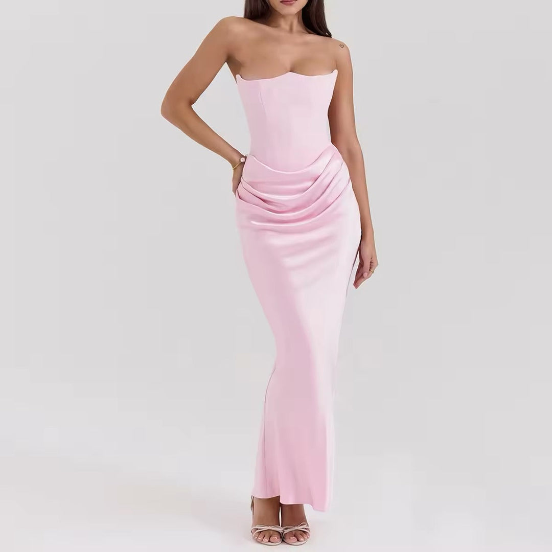 Strapless Satin Maxi Dress with Fitted Corset - Noya