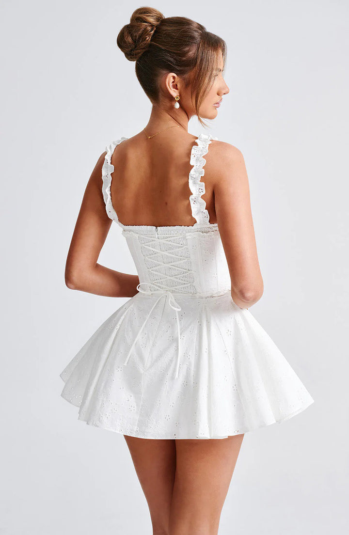 A-line mini dress in embroidered eyelet fabric with back ties for a fitted waist – Vנס