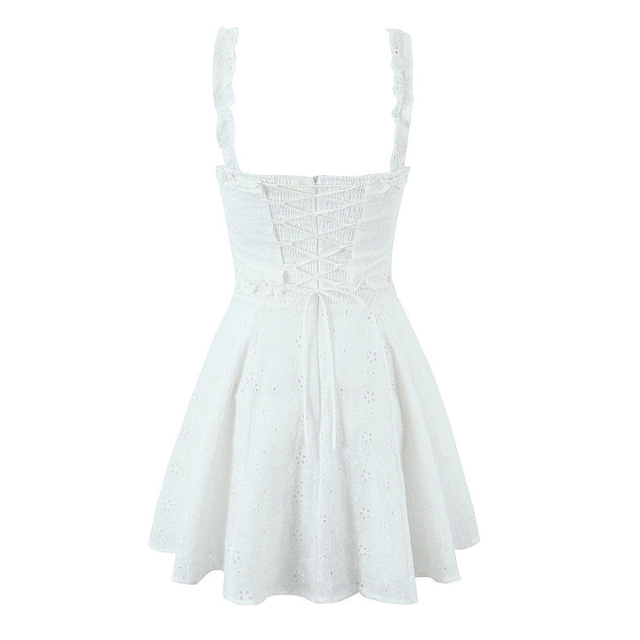 A-line mini dress in embroidered eyelet fabric with back ties for a fitted waist – Vנס