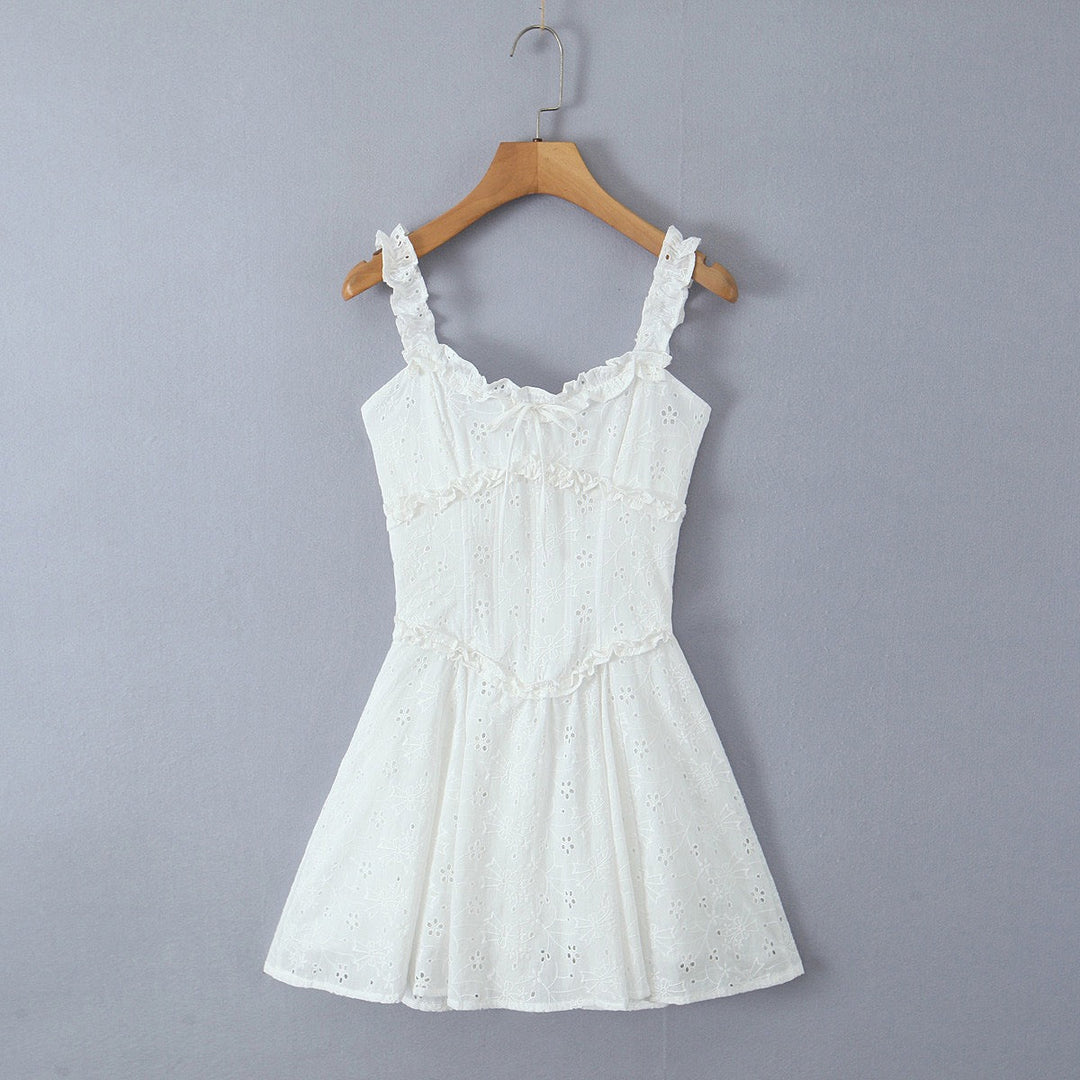 A-line mini dress in embroidered eyelet fabric with back ties for a fitted waist – Vנס