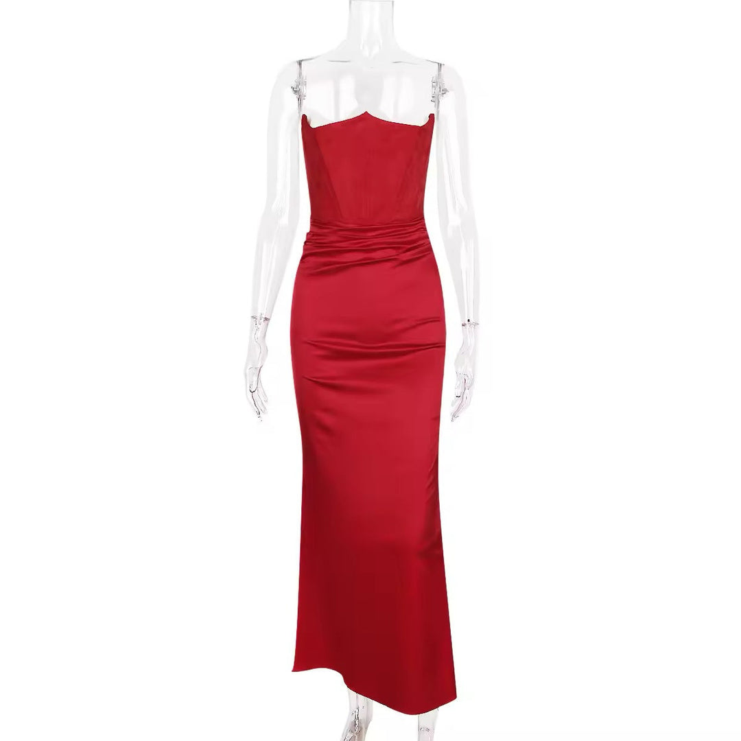 Strapless Satin Maxi Dress with Fitted Corset - Noya