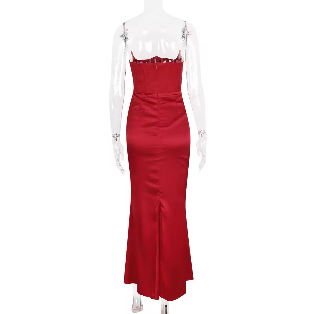 Strapless Satin Maxi Dress with Fitted Corset - Noya