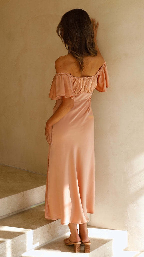 Koren satin midi dress with an off-the-shoulder design