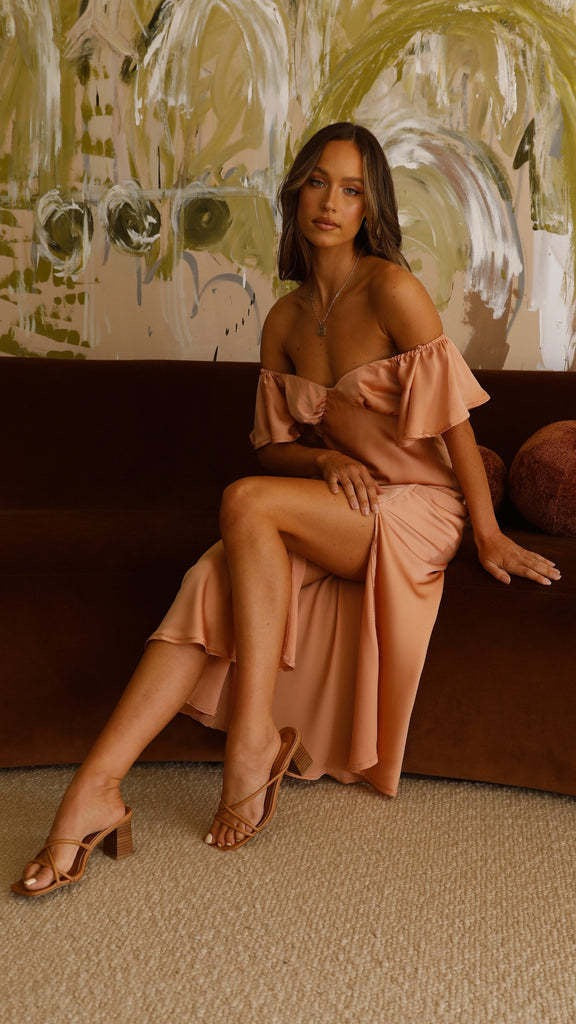 Koren satin midi dress with an off-the-shoulder design