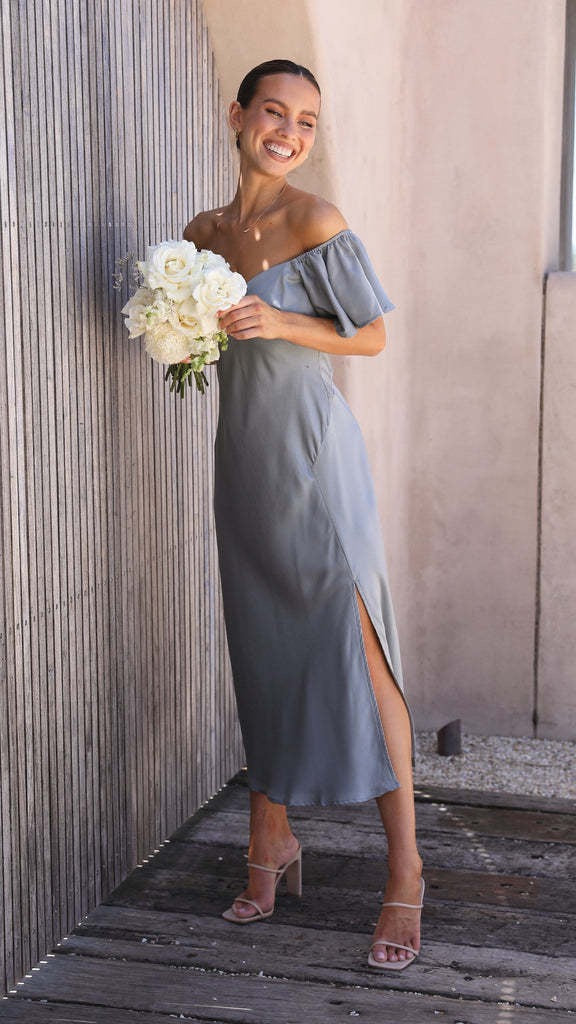 Koren satin midi dress with an off-the-shoulder design