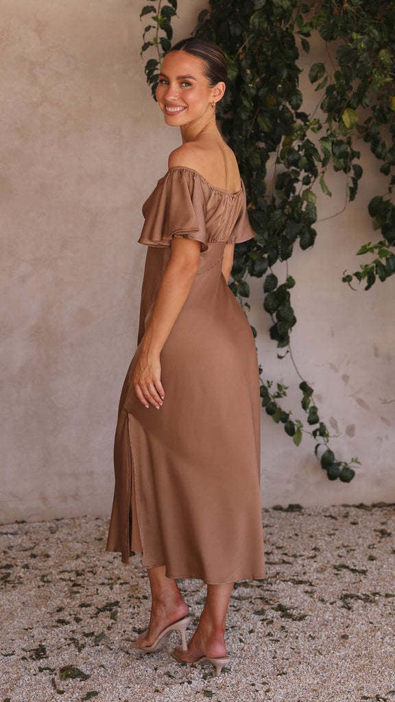 Koren satin midi dress with an off-the-shoulder design