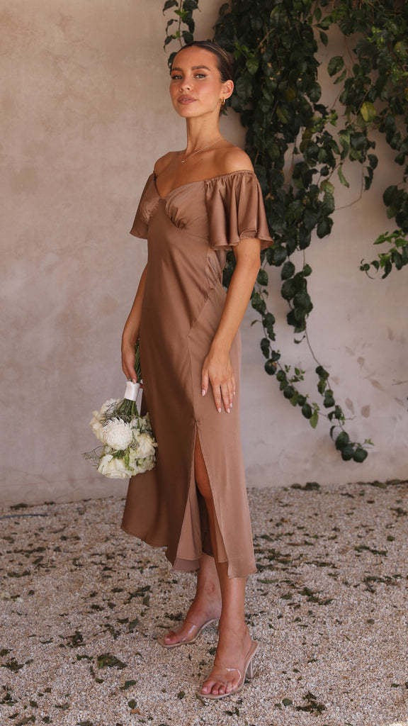 Koren satin midi dress with an off-the-shoulder design