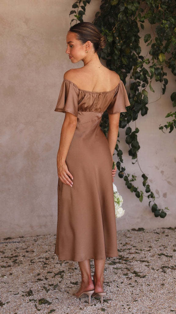 Koren satin midi dress with an off-the-shoulder design