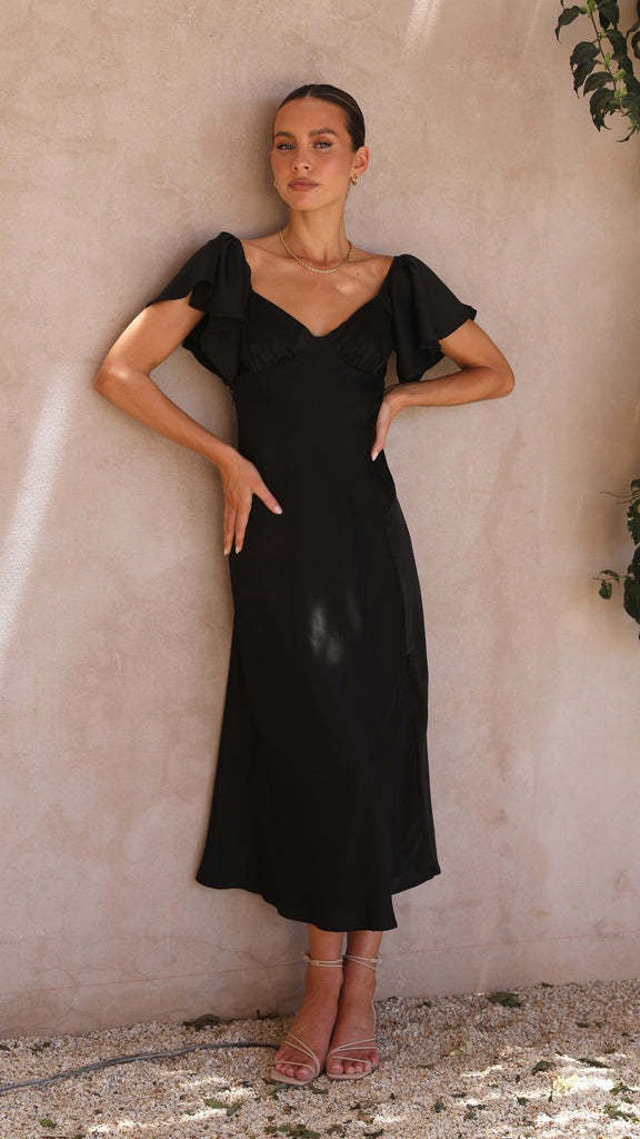 Koren satin midi dress with an off-the-shoulder design