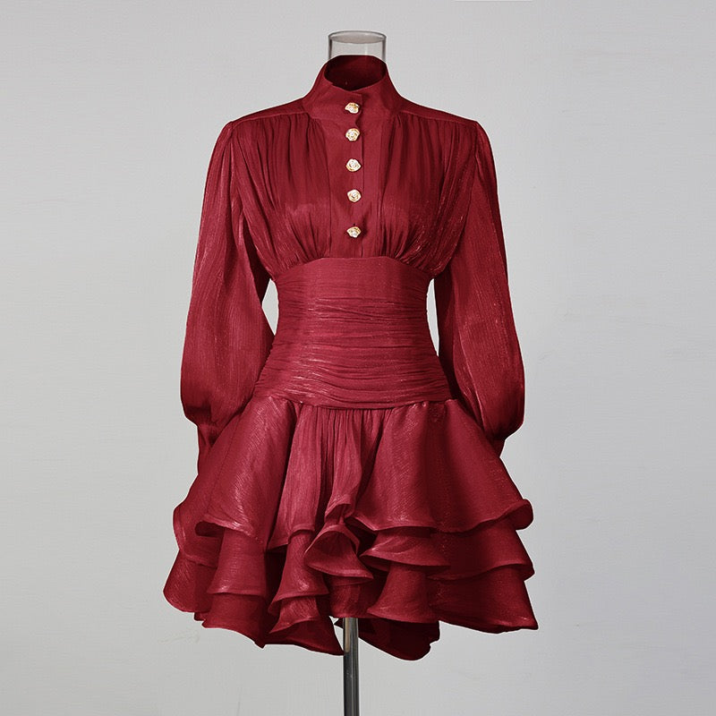 שמלת מיני כיווצים מלמלה בד שיפון מבריק בעיטור כפתורים - Luciela