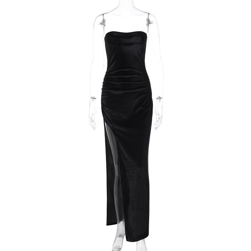 Velvet Strapless Maxi Dress with Slit Design - BONNEY