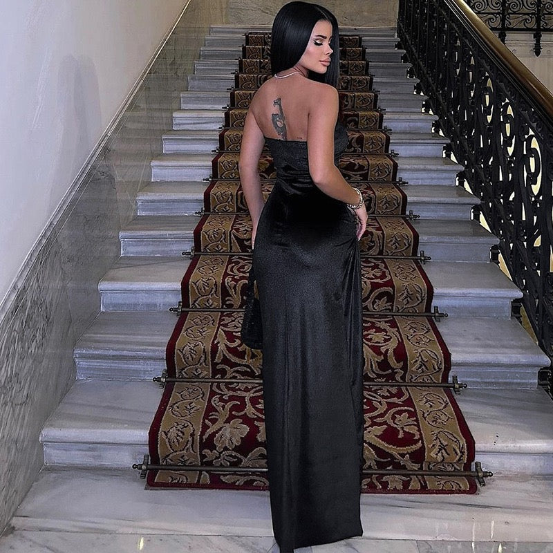 Velvet Strapless Maxi Dress with Slit Design - BONNEY