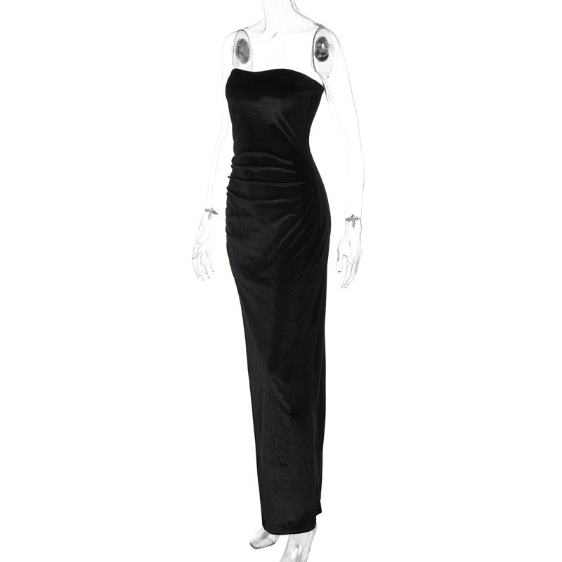 Velvet Strapless Maxi Dress with Slit Design - BONNEY