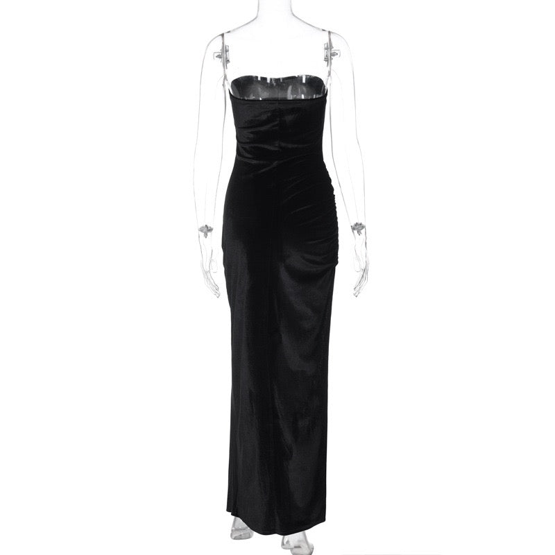 Velvet Strapless Maxi Dress with Slit Design - BONNEY