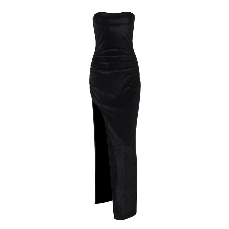 Velvet Strapless Maxi Dress with Slit Design - BONNEY