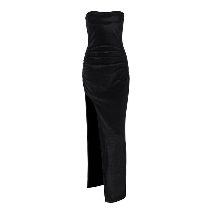 Velvet Strapless Maxi Dress with Slit Design - BONNEY