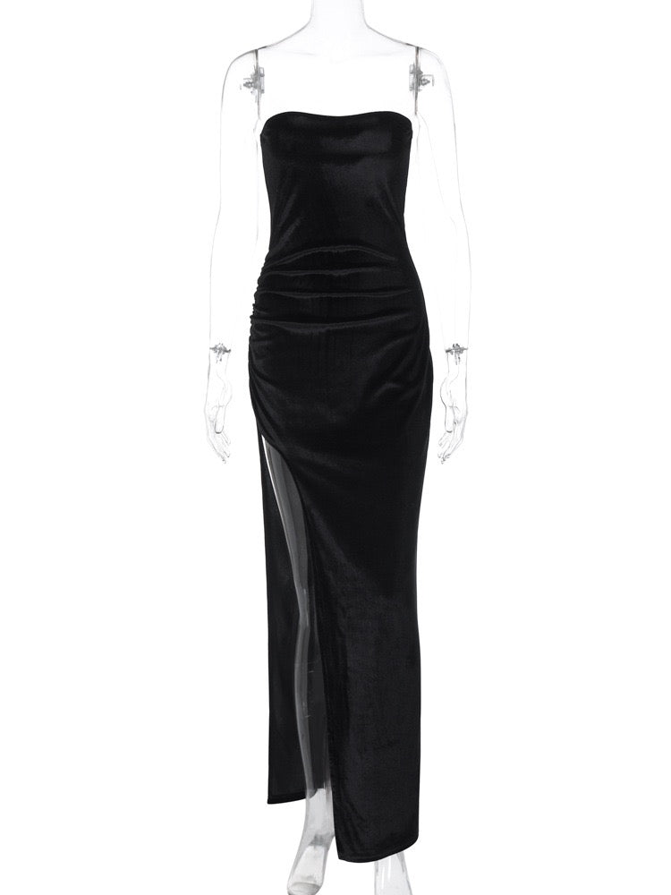 Velvet Strapless Maxi Dress with Slit Design - BONNEY