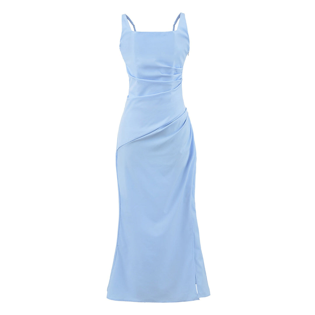 Elegant maxi dress with a slit and back ties for a fitted waist – SKY